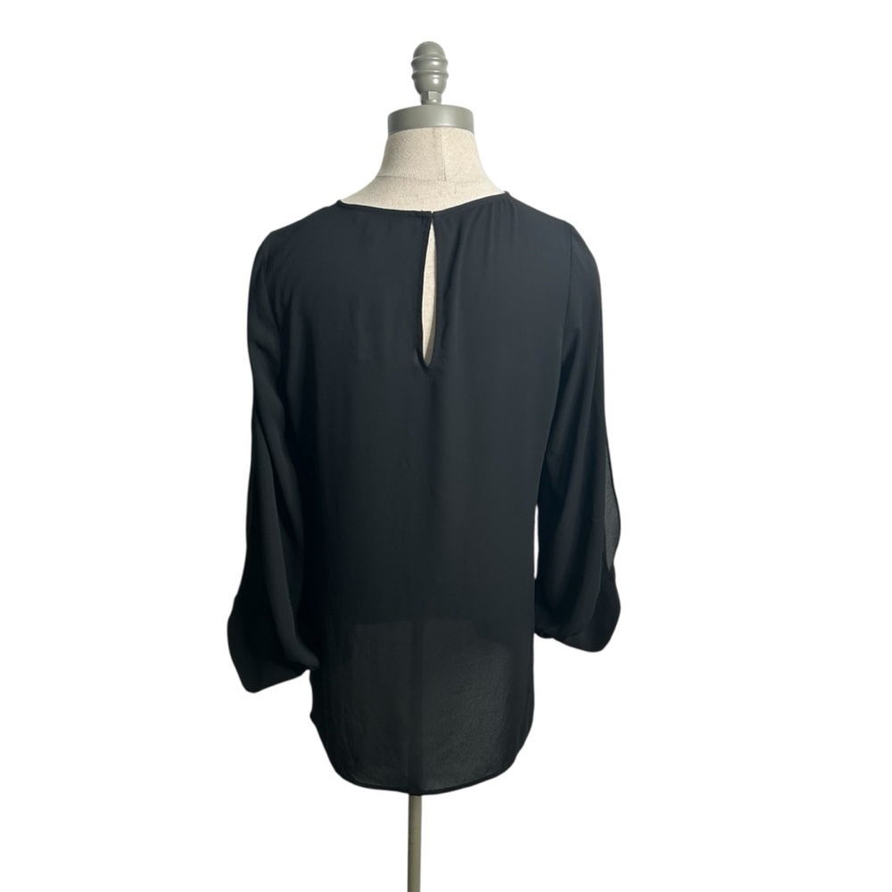 Express Black Mesh Insert Deep V-Neck Split Sleeve Tunic Blouse Women’s Small - Picture 6 of 7